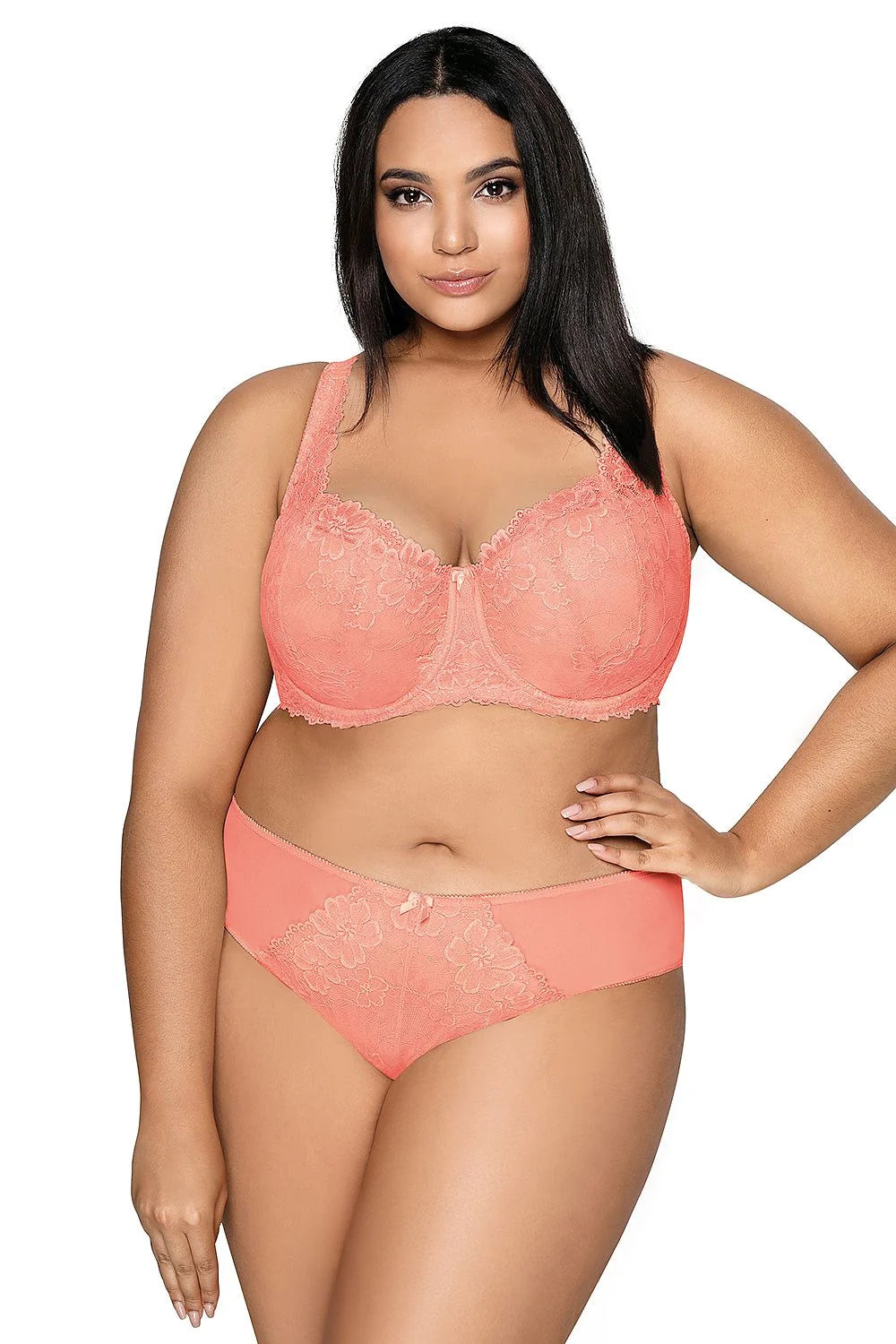 Soutien-gorge rembourré Mat dentelle corail floral grande taille confortable maintien renforcé