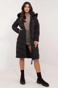 Manteau d'hiver pour femme long col fourrure synthétique capuche amovible style moderne couleur noire
