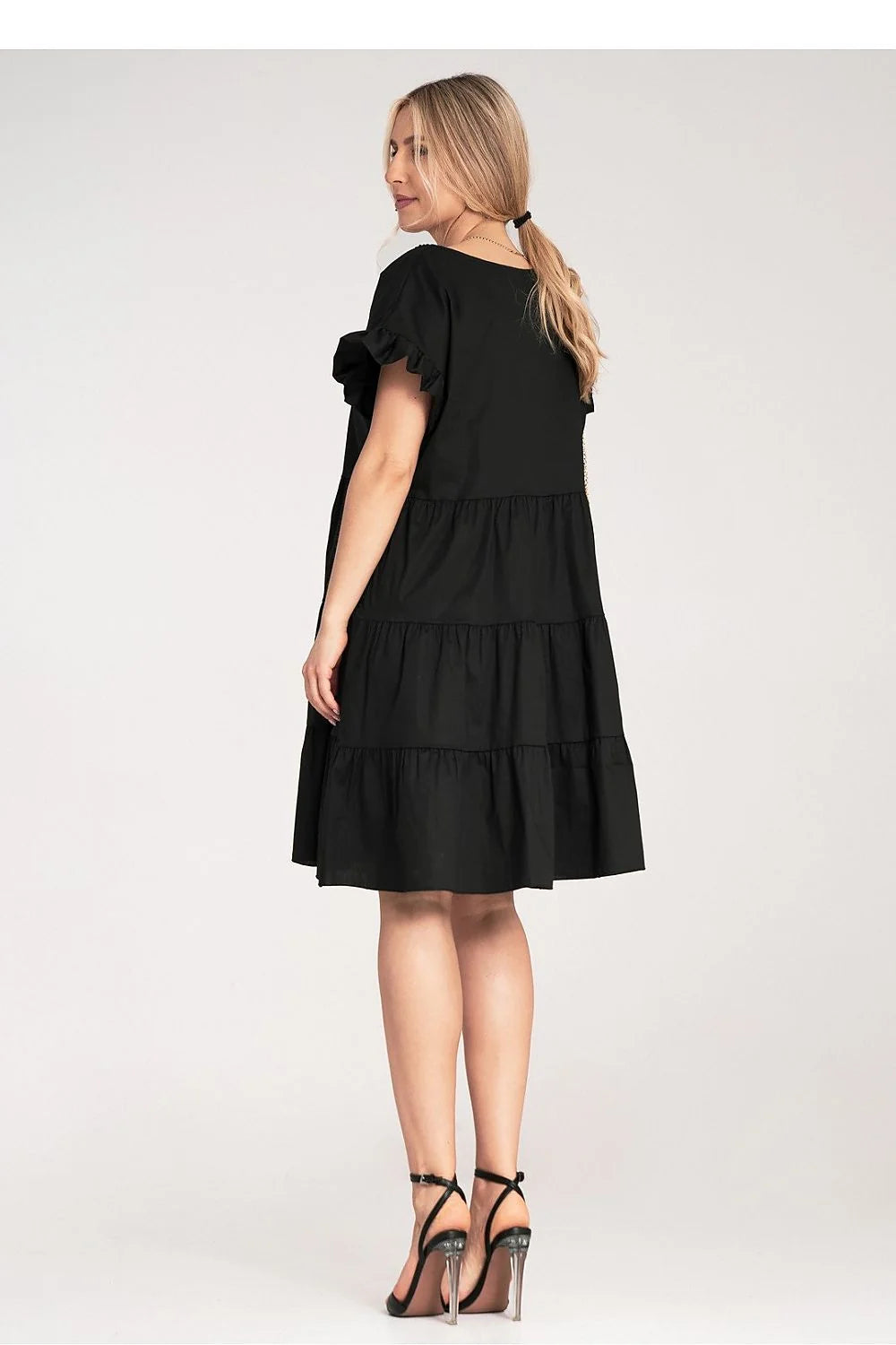 Robe de jour élégante noire femme coupe ample babydoll manches courtes volants