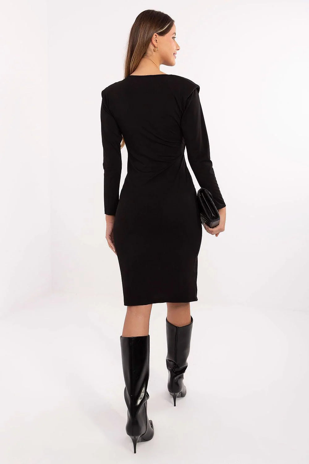 robe crayon élégante féminine midi ajustée silhouette flatteuse viscose polyester confort manches longues épaulettes drapés plis asymétrique chic soirée bureau