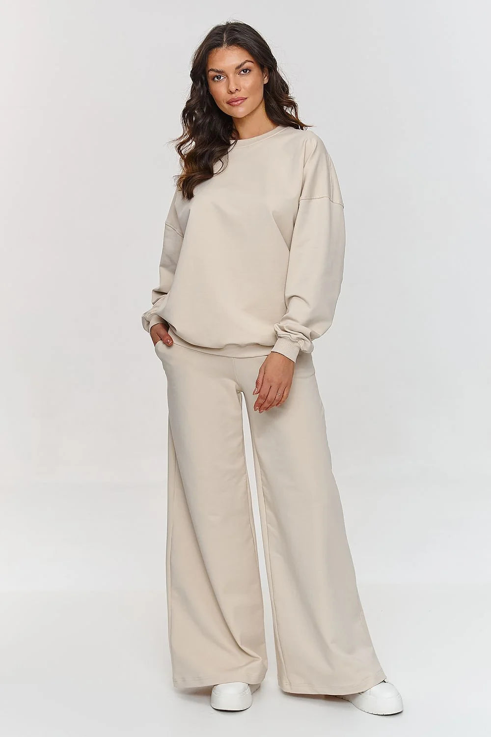 ensemble Makadamia femme oversize sweatshirt col rond pantalon palazzo taille haute coton molletonnée sable crème