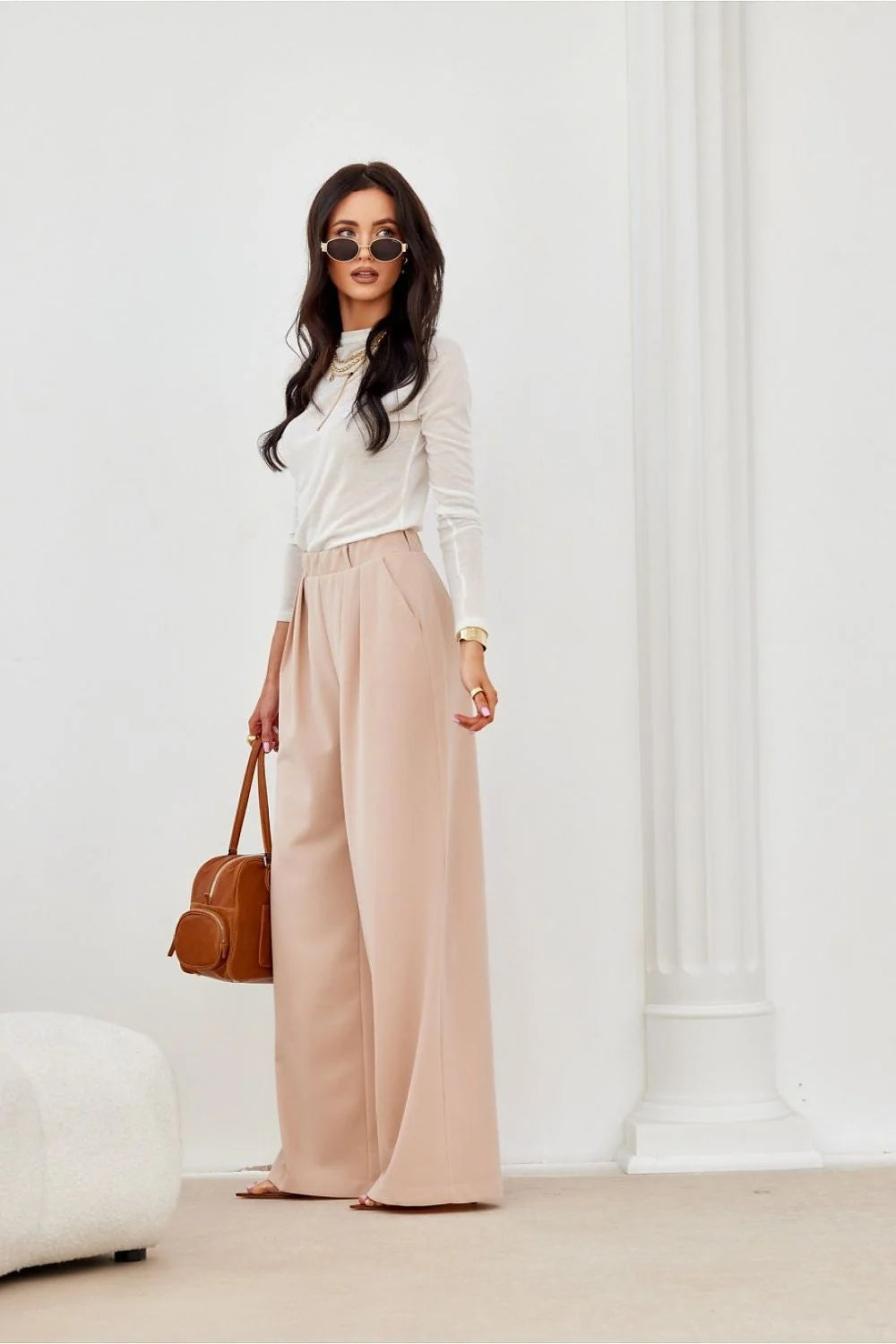 pantalon femme taille haute ample palazzo beige rosé crêpe drapé plis avant poches latérales élasthanne stretch confortable structuré minimaliste bureau