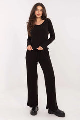 pantalon femme tricot côtelé taille haute jambes larges ceinture élastique cordon poches latérales viscose nylon polyester confortable fluide