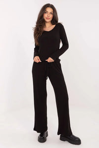pantalon femme tricot côtelé taille haute jambes larges ceinture élastique cordon poches latérales viscose nylon polyester confortable fluide