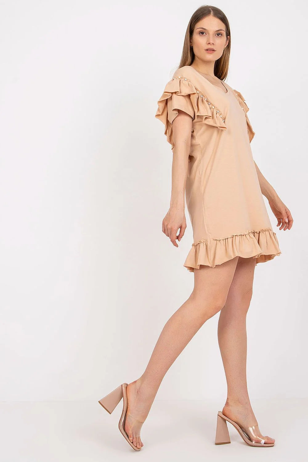 robe estivale corail légère fluide coton viscose col rond coupe droite manches courtes volants perles ourlet volanté féminine chic confortable