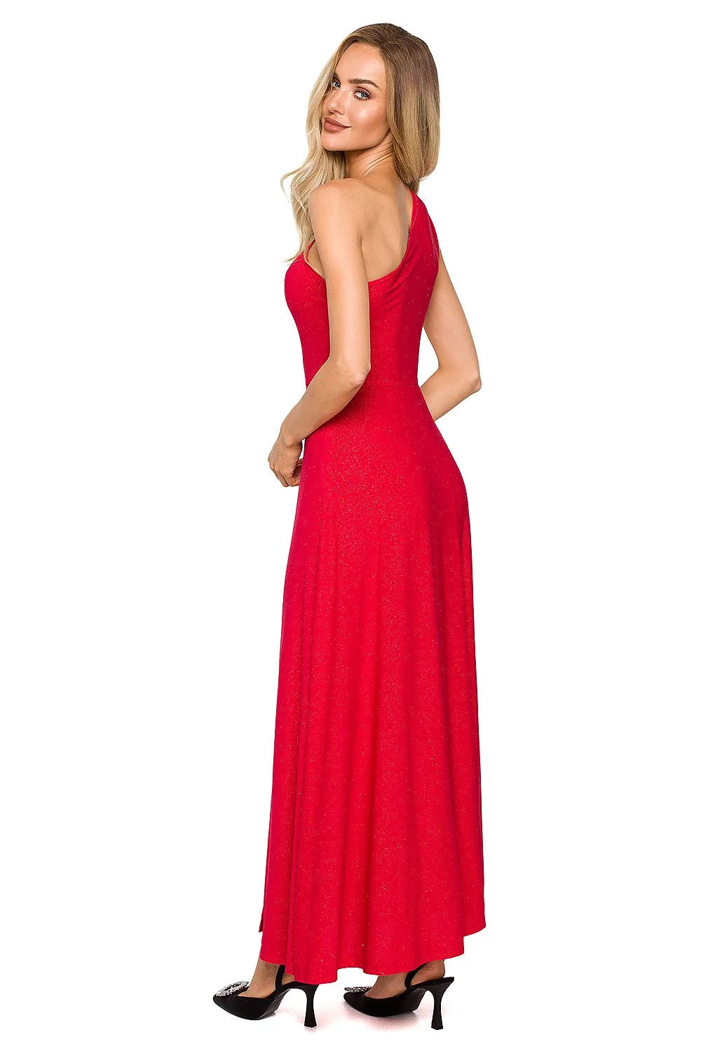 Robe de soirée élégante longue une épaule fente haute vert émeraude tissu scintillant élasthanne polyester femme