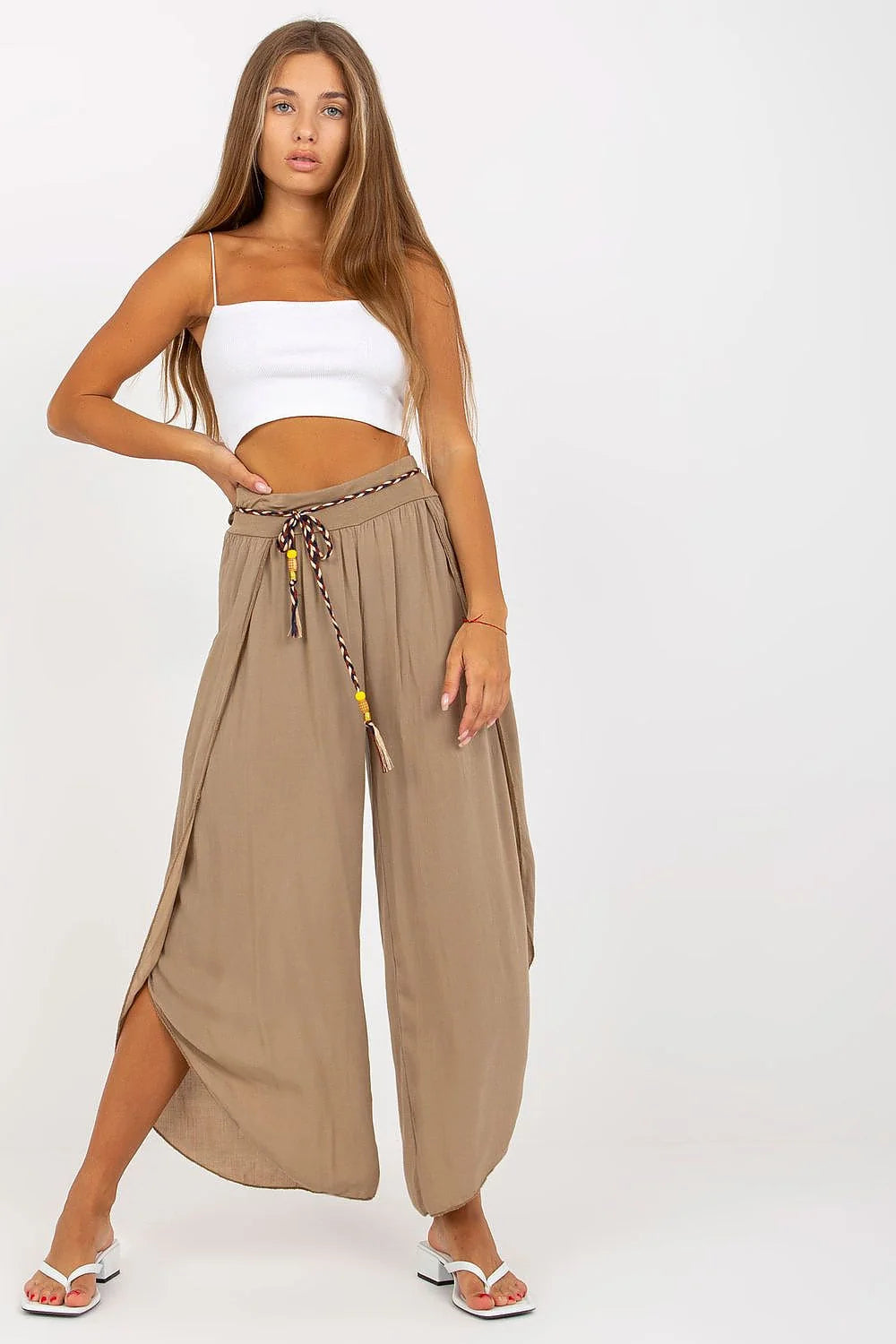 Pantalon femme taupe large coupe évasée style boho ceinture décorative taille haute viscosé 100% Och Bella