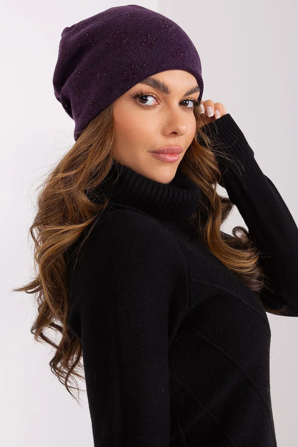ensemble hiver chic bonnet pull col roulé violet foncé cachemire coton acrylique strass ample maille douce chaude ajustée décontractée élégante