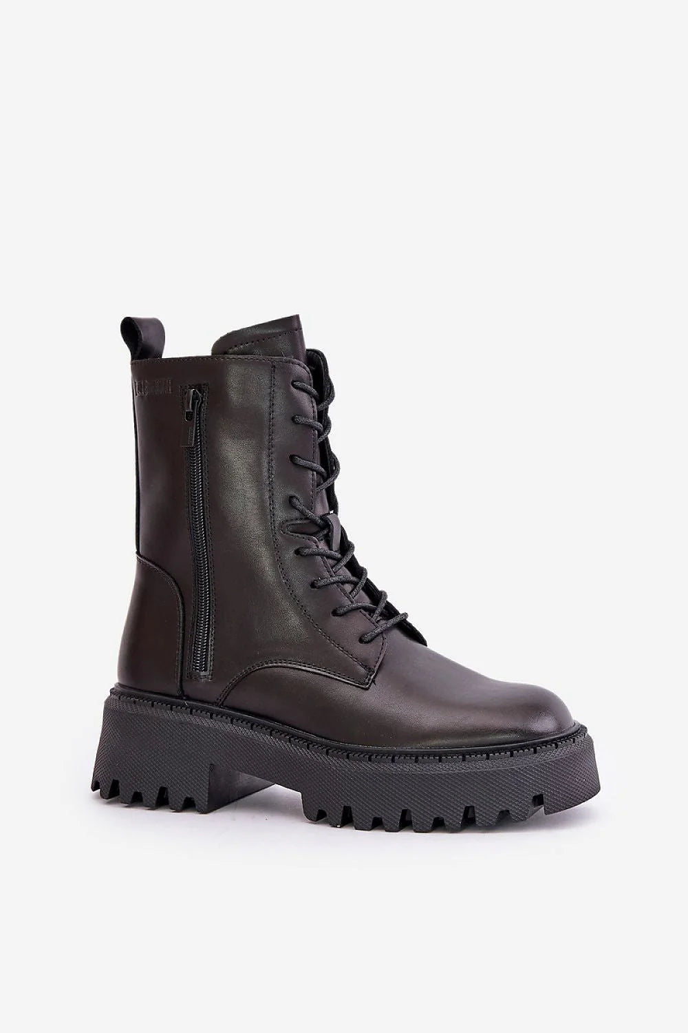 Bottines pour femmes robustes modernes à lacets en similicuir noir avec semelle épaisse et fermeture éclair latérale, idéales pour le quotidien