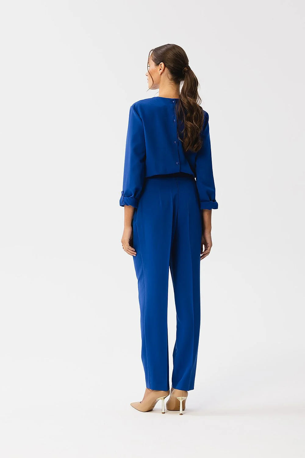 Combinaison élégante pour femmes bleu électrique manches longues poignets boutonnés taille ajustable fermeture dos et glissière