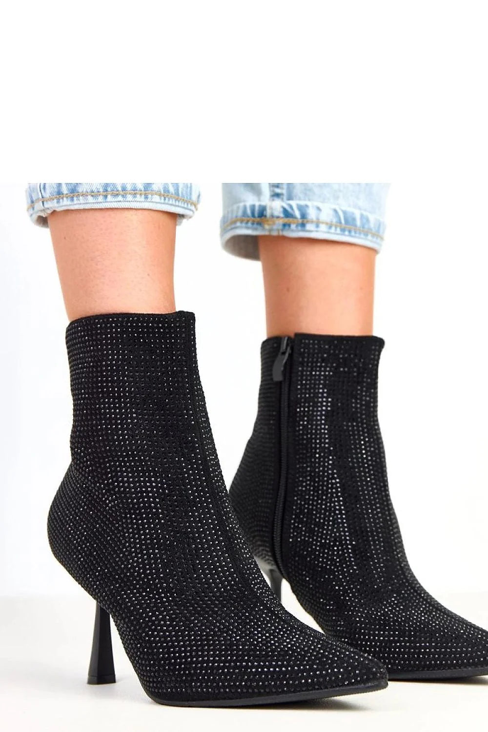 bottines femme talons aiguilles 9cm suédé écologique noir strass zircons scintillants bout pointu cheville 14cm doublure douce stretch tricoté