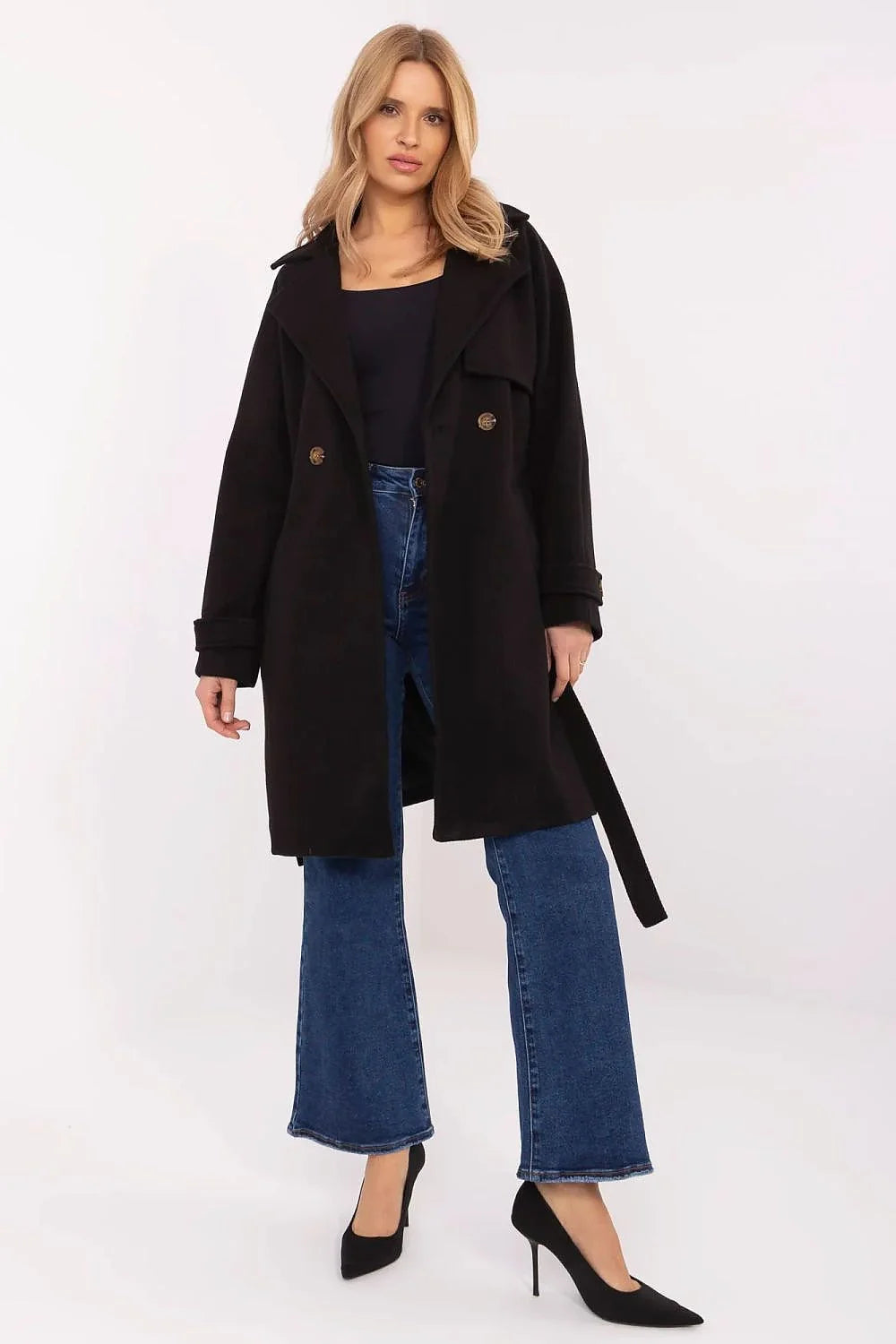Manteau pour femme long modern élégant noir uni tissu laine style contemporain double boutonnage large col ceinture ajustable manches longues