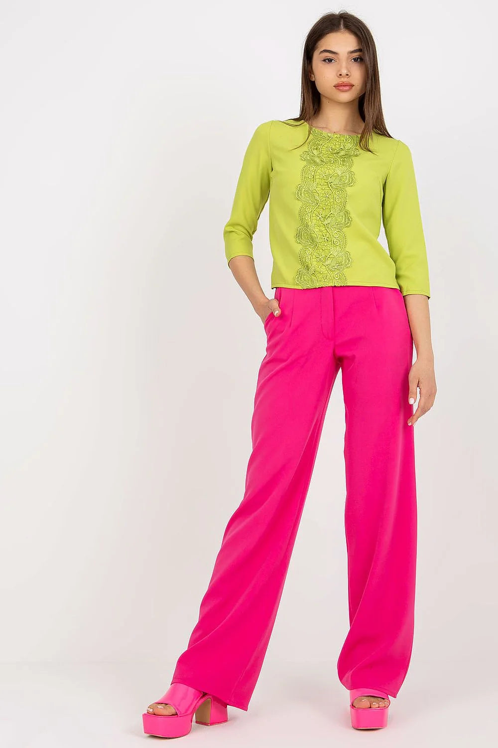 Chemisier Lakerta 3/4 manches encolure ronde dentelle décorative couleur verte vif coton elasthanne polyester mode femme