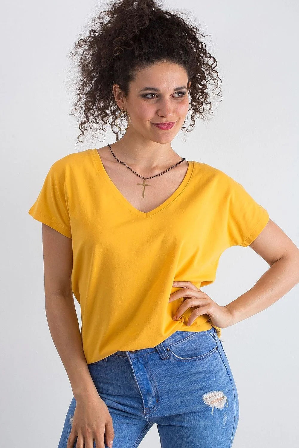 T-shirt femme loose manches courtes col V couleur verte vif coton elastane taille ajustable S M L XL XS