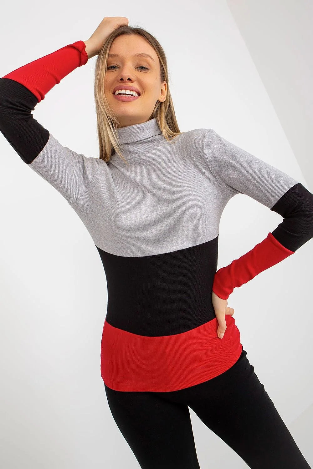 Pull col roulé multicolore maille côtelée coton élasthanne bleu rose vert ajusté manches longues ourlets nets design moderne