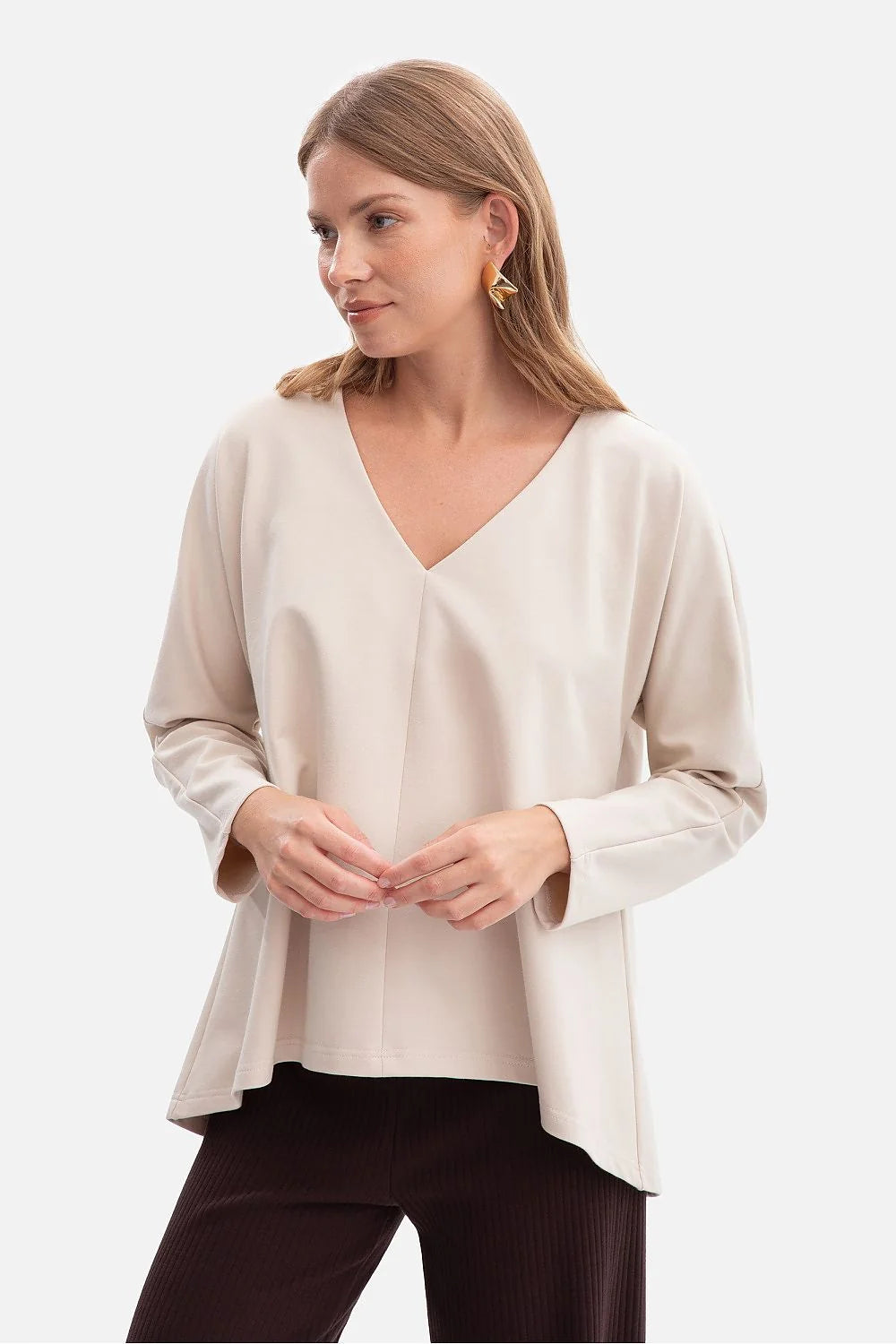 chemisier femme jersey lisse bouclette doux aéré confortable enfilé encolureV manches longues droites coupe ample oversize