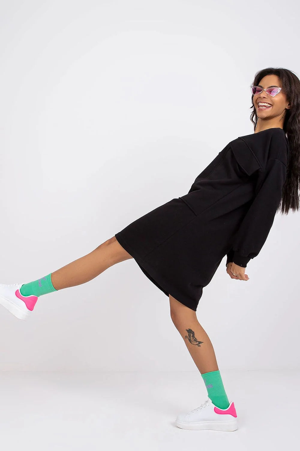 Robe décontractée Ex Moda en coton polyester manches longues élastiquées poches avant beige clair pour quotidien femme mode moderne