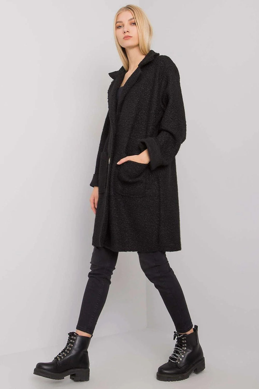 Manteau femme bouclé noir moderne ample polyester poches style décontracté automne hiver tendance élégante