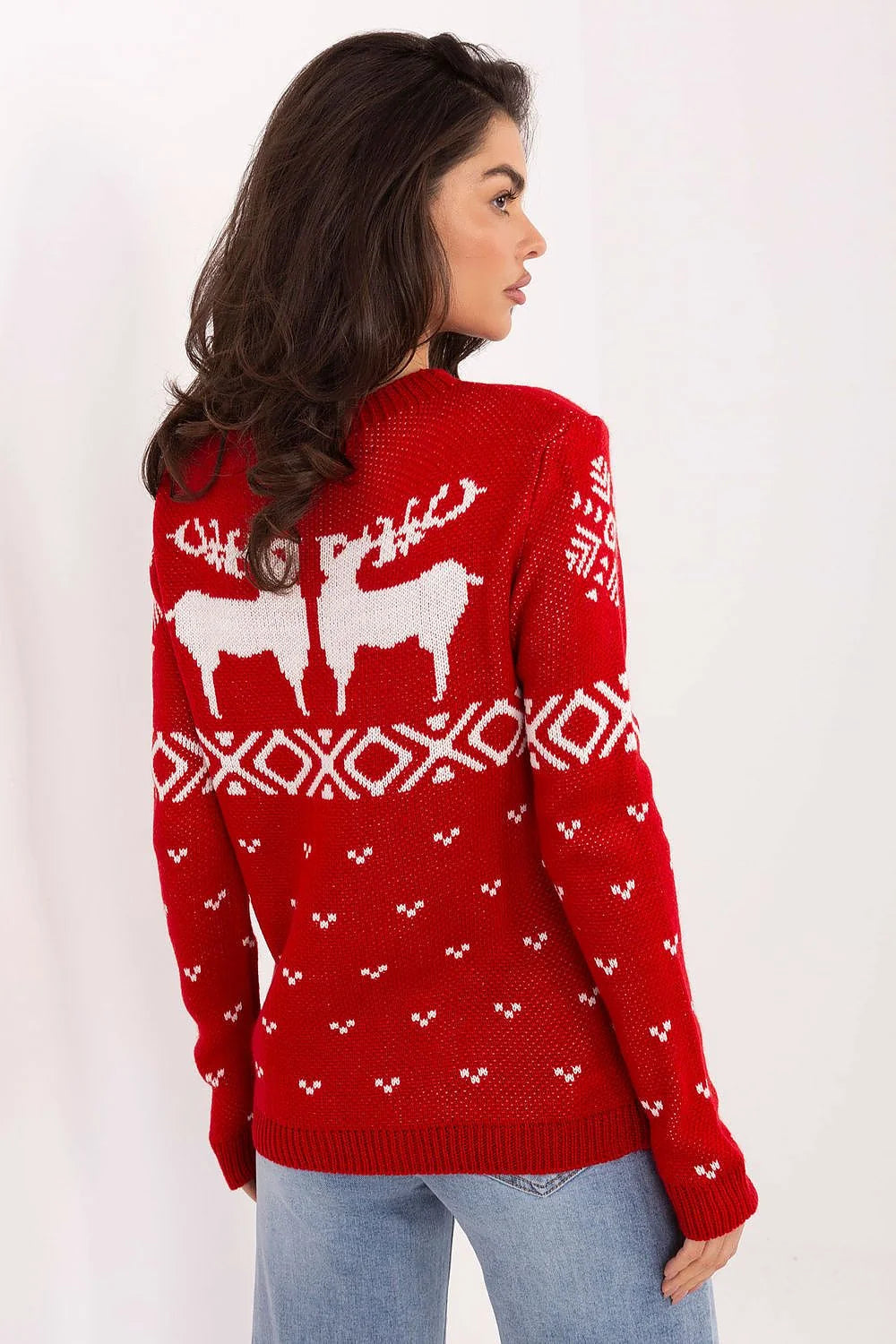 pull femme noël jacquard rouge manches longues col rond coupe ample maille tricotée douce acrylique motifs rennes cœurs