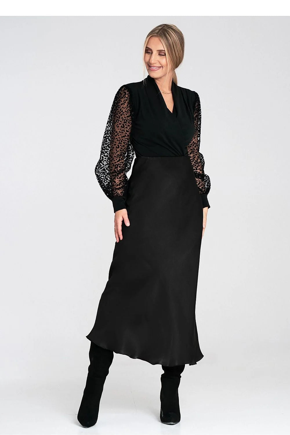 robe soirée noire fourreau décolleté V taille cintrée jupe satinée manches longues bouffantes tulle léopard flocké poignets côtelés polyester elasthanne