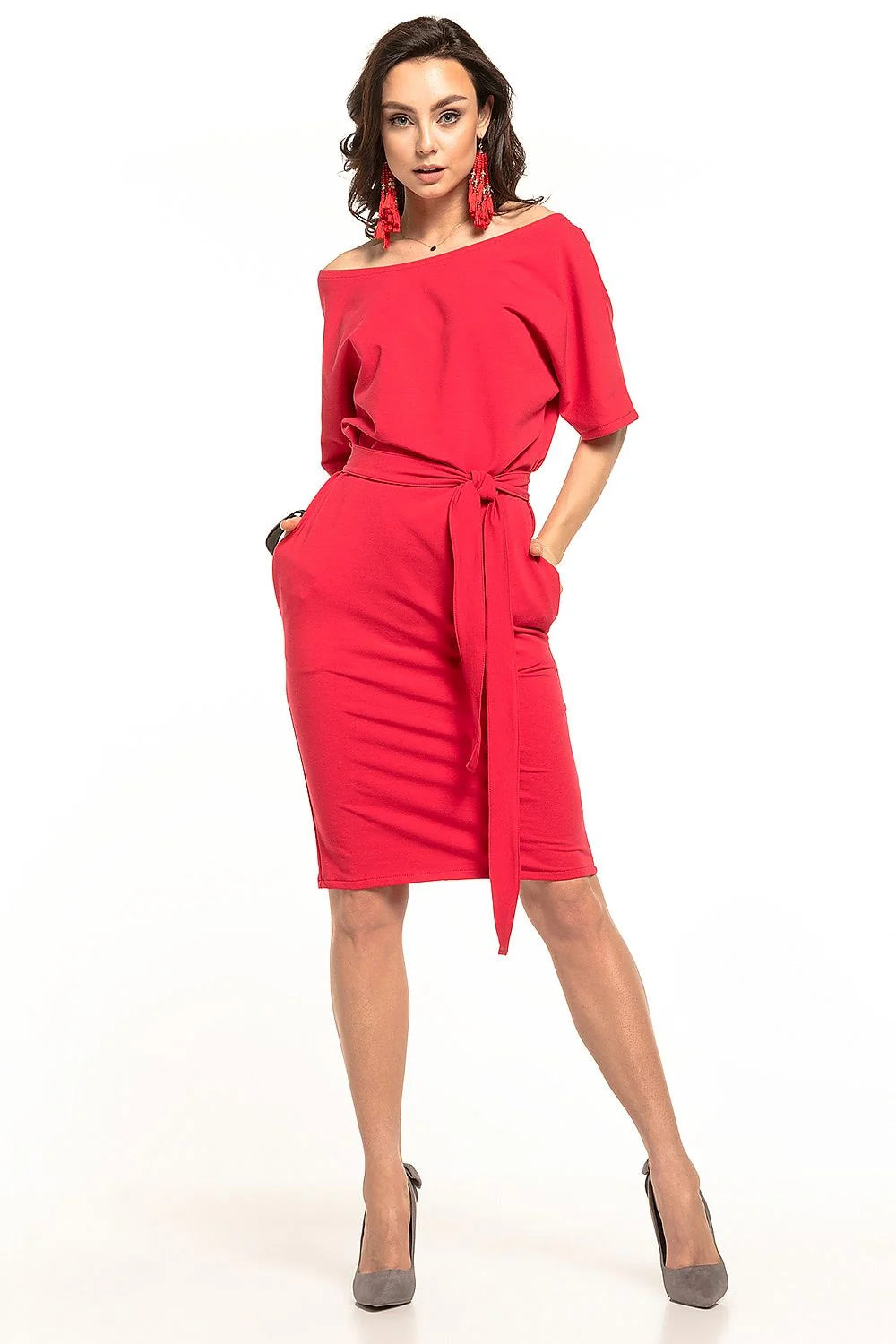 Robe Tessita midi ceinturée jaune vif coupe droite fourreau buste ample manches kimono jersey stretch fluide poches invisibles encolure bateau
