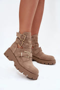 bottines femme montantes suède taupe bout rond plateforme crantée épaisse adhérence brides réglables boucles dorées découpes latérales tige cheville maintien
