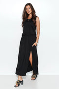 Robe longue élégante noire fluide sans manches avec fente pour femme moderne style décontracté chic