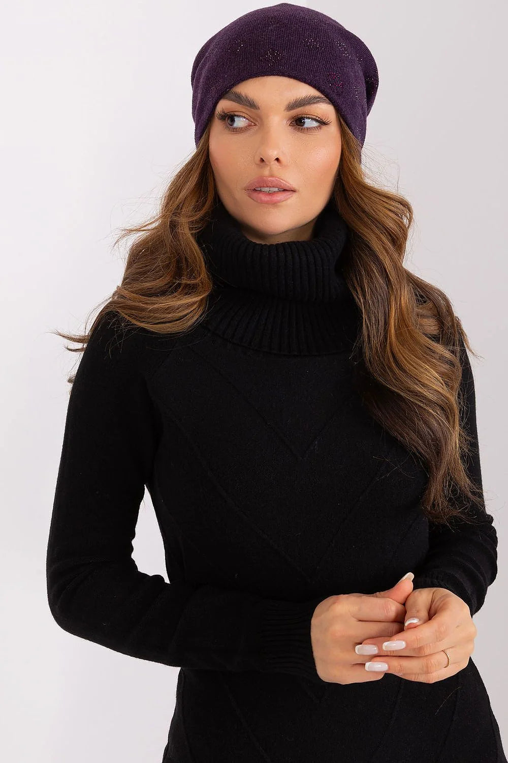 ensemble hiver chic bonnet pull col roulé violet foncé cachemire coton acrylique strass ample maille douce chaude ajustée décontractée élégante