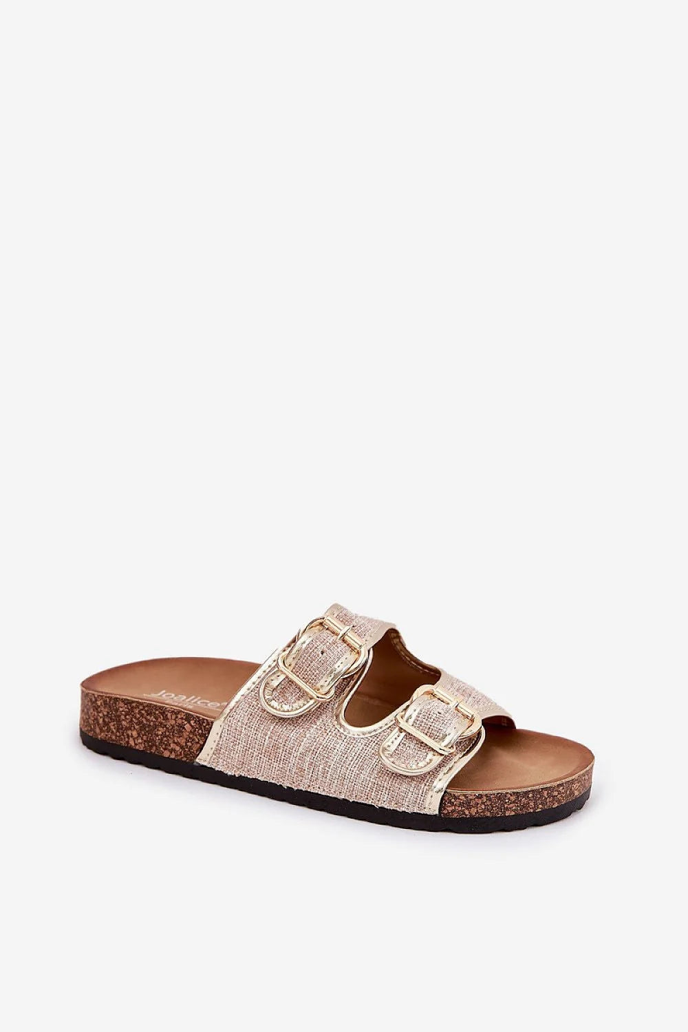 Sandales femmes style décontracté sangles multiples boucles dorées tissu beige doré semelle liège caoutchouc noir