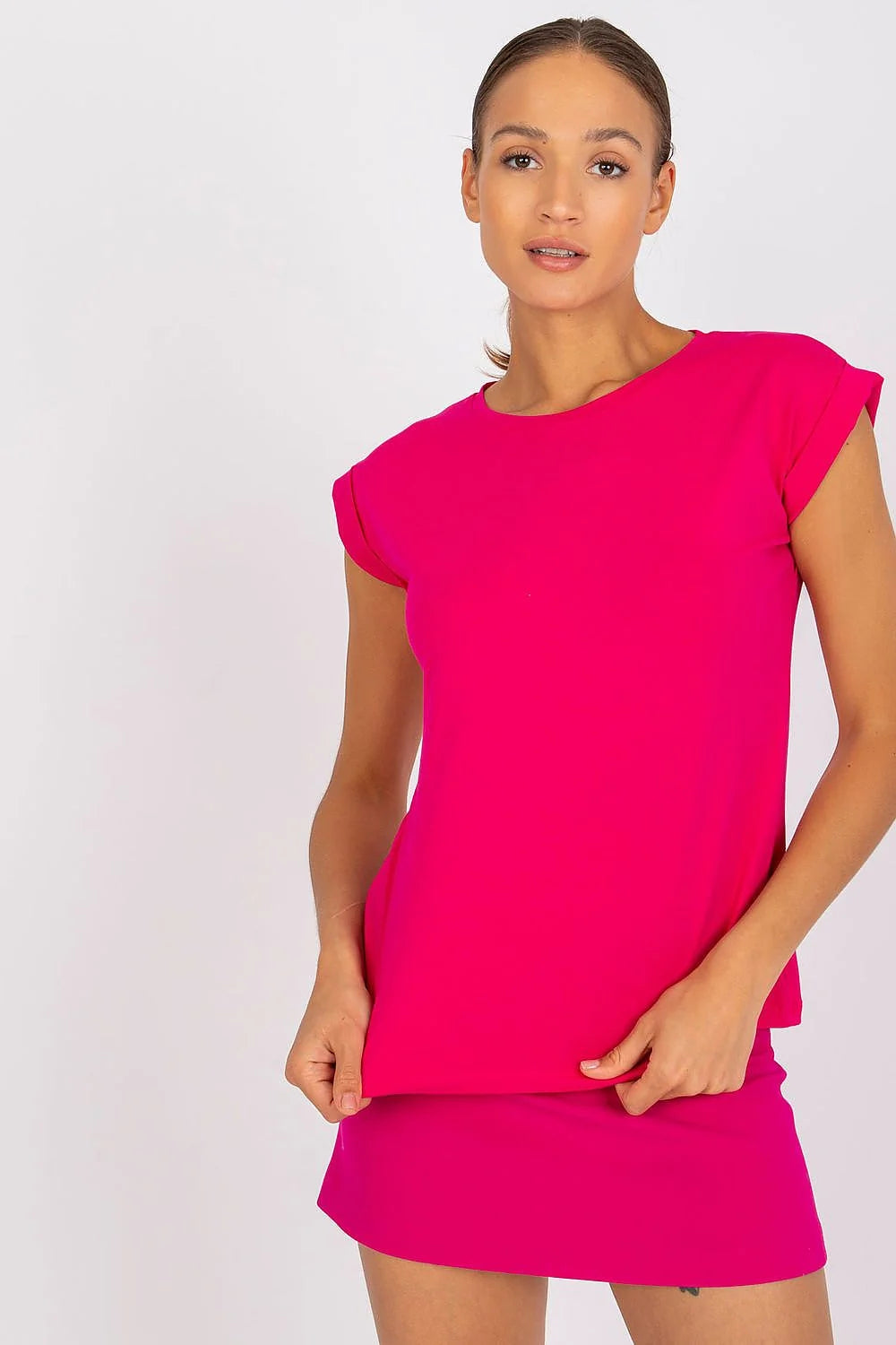 T-shirt BFG pour femme en coton élasthanne manches courtes encolure ronde style moderne minimaliste rose vif