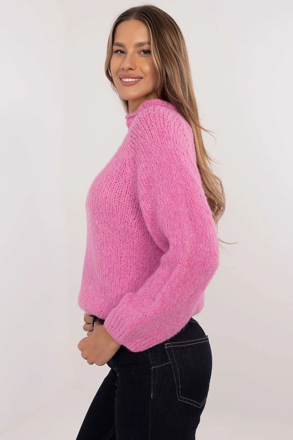 chandail femme Italy Moda rose fuchsia maille épaisse douce moelleuse coupe droite hanche col rond manches bouffantes bordcôtes