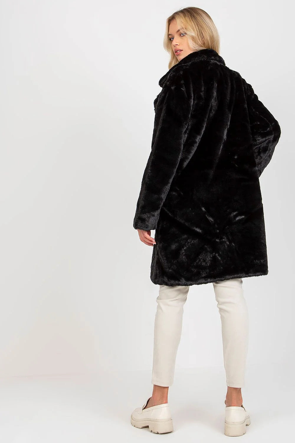 Manteau pour femme élégant long fourrure fausse noire manches longues col large double bouton poches latérales polyester intemporel