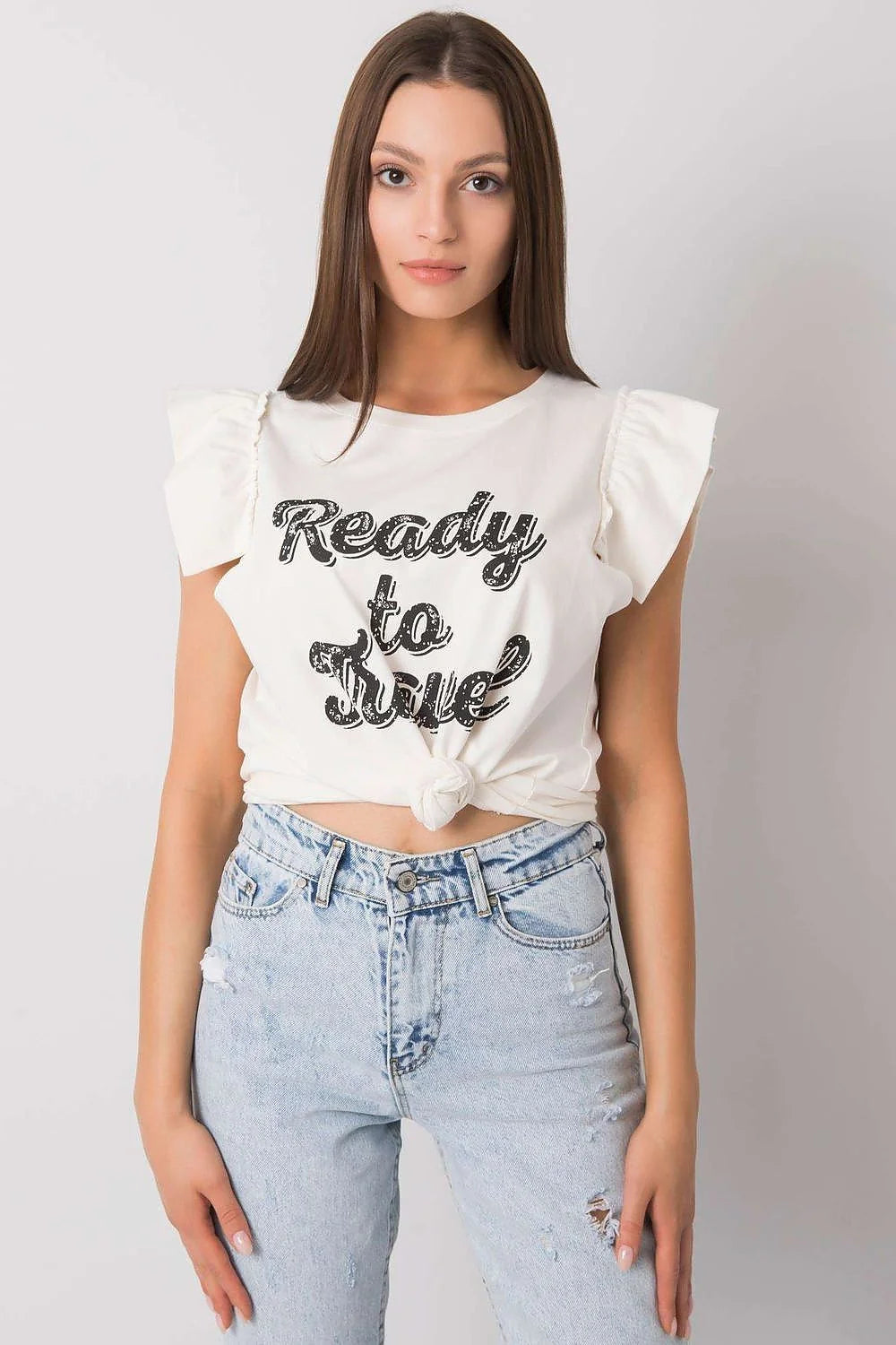 Top mode femme sans manches en coton graphique Ready to Travel ruffle neckline pastel yellow casual chic