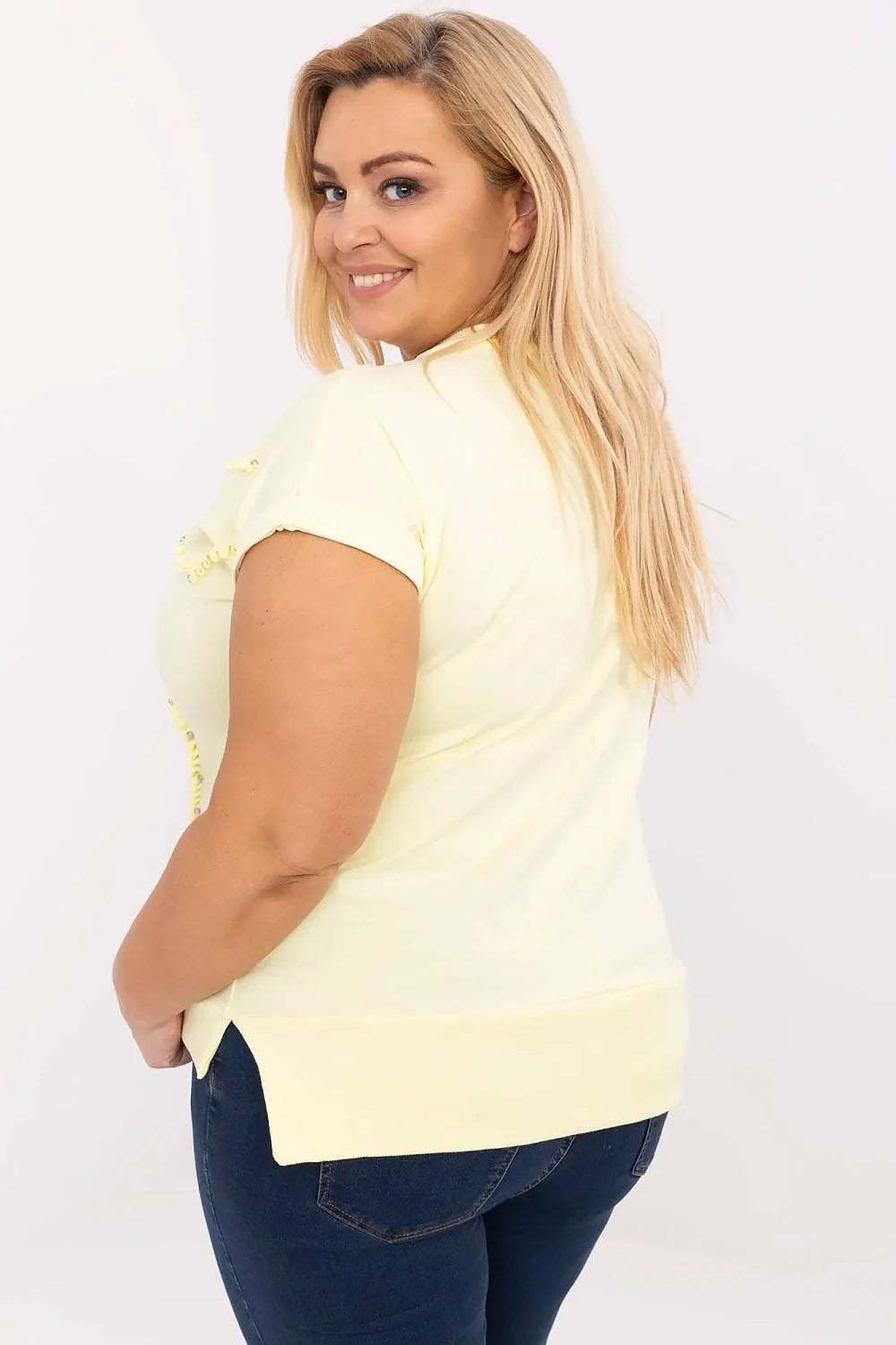 chemisier femme grande taille décontracté manches courtes col V brodé coeur perles coton élasthanne jaune pastel stretch semiajustée