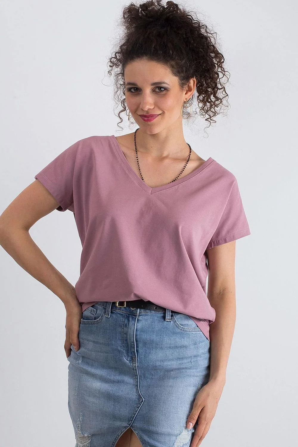 T-shirt femme loose manches courtes col V couleur verte vif coton elastane taille ajustable S M L XL XS