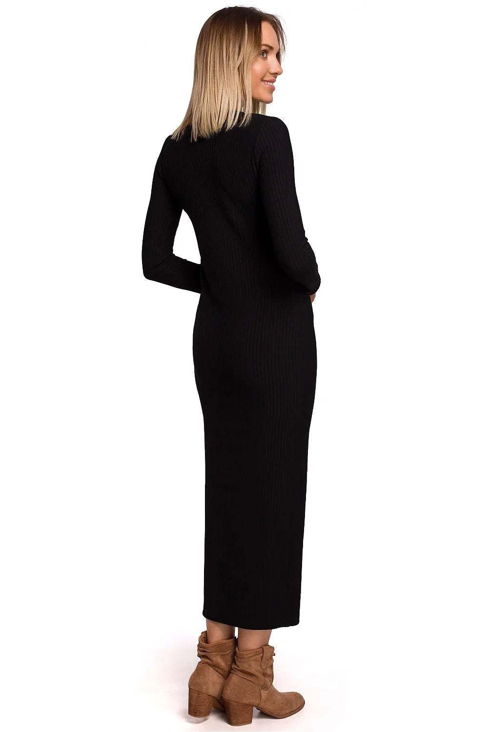 Robe longue en cotonélasthanne noire élégante ajustée manches longues fente latérale occasion semi-formelle