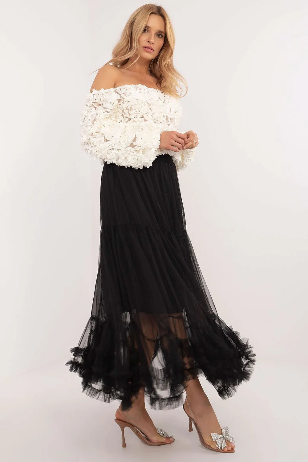Tenue féminine élégante deux pièces tunique off-shoulder jupe longue tulle polyester style bohème femme