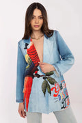 Veste blazer longue pour femme style denim imprimé perroquet manches longues coupe ajustée occasionnal