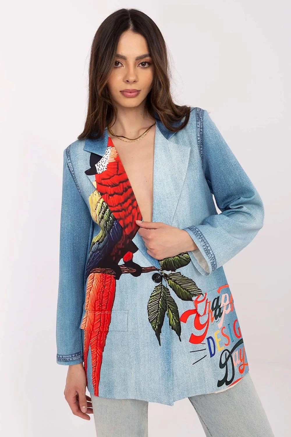 Veste blazer longue pour femme style denim imprimé perroquet manches longues coupe ajustée occasionnal