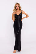 Robe longue élégante en maille noire avec reflets métalliques, décolleté en V, bretelles ajustables, dos fendu, pour soirées formelles