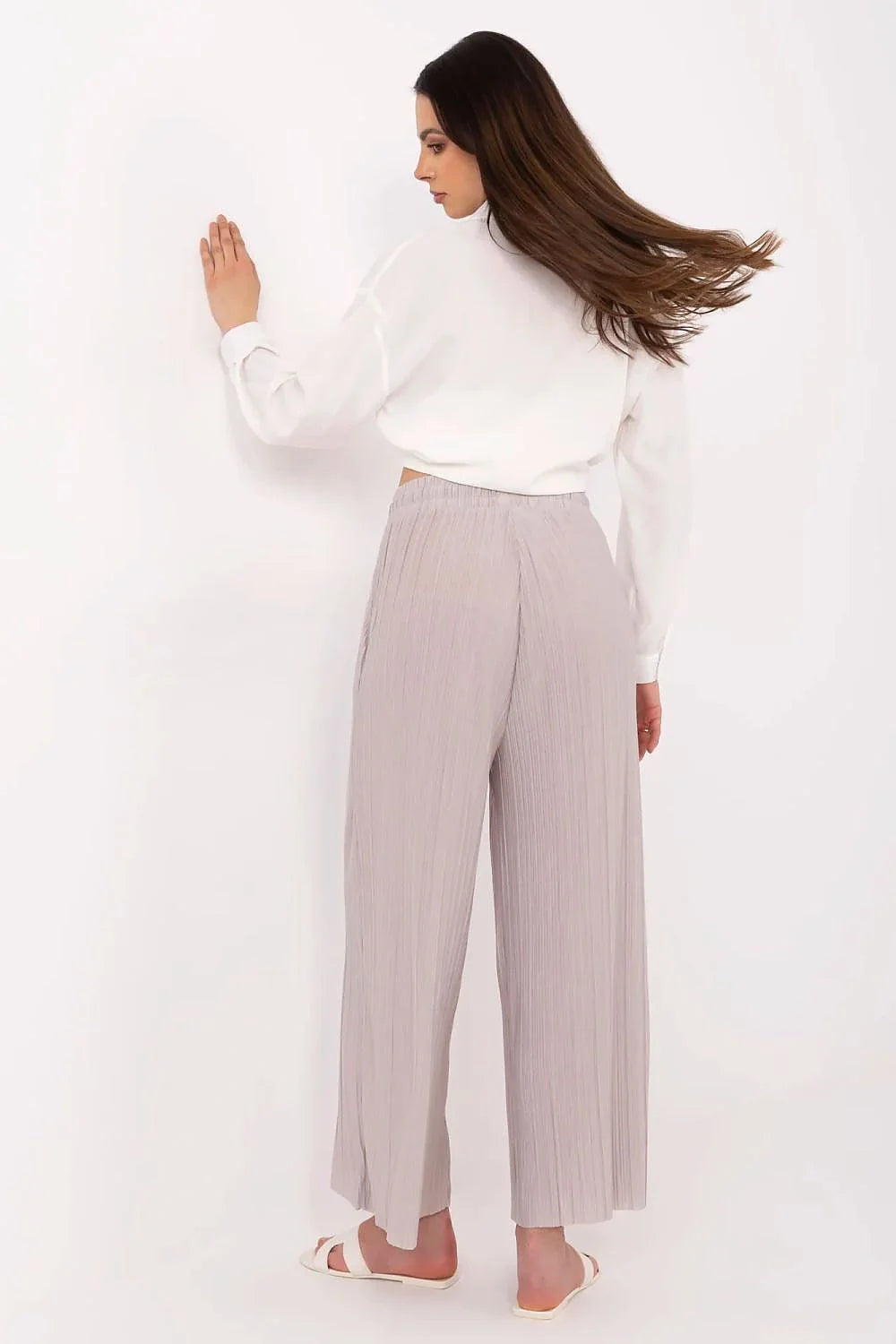 pantalon ample femme Sublevel taille haute plissé polyester gris clair palazzo fluide longueur cheville élastique cordon décoratif perles poches latérales
