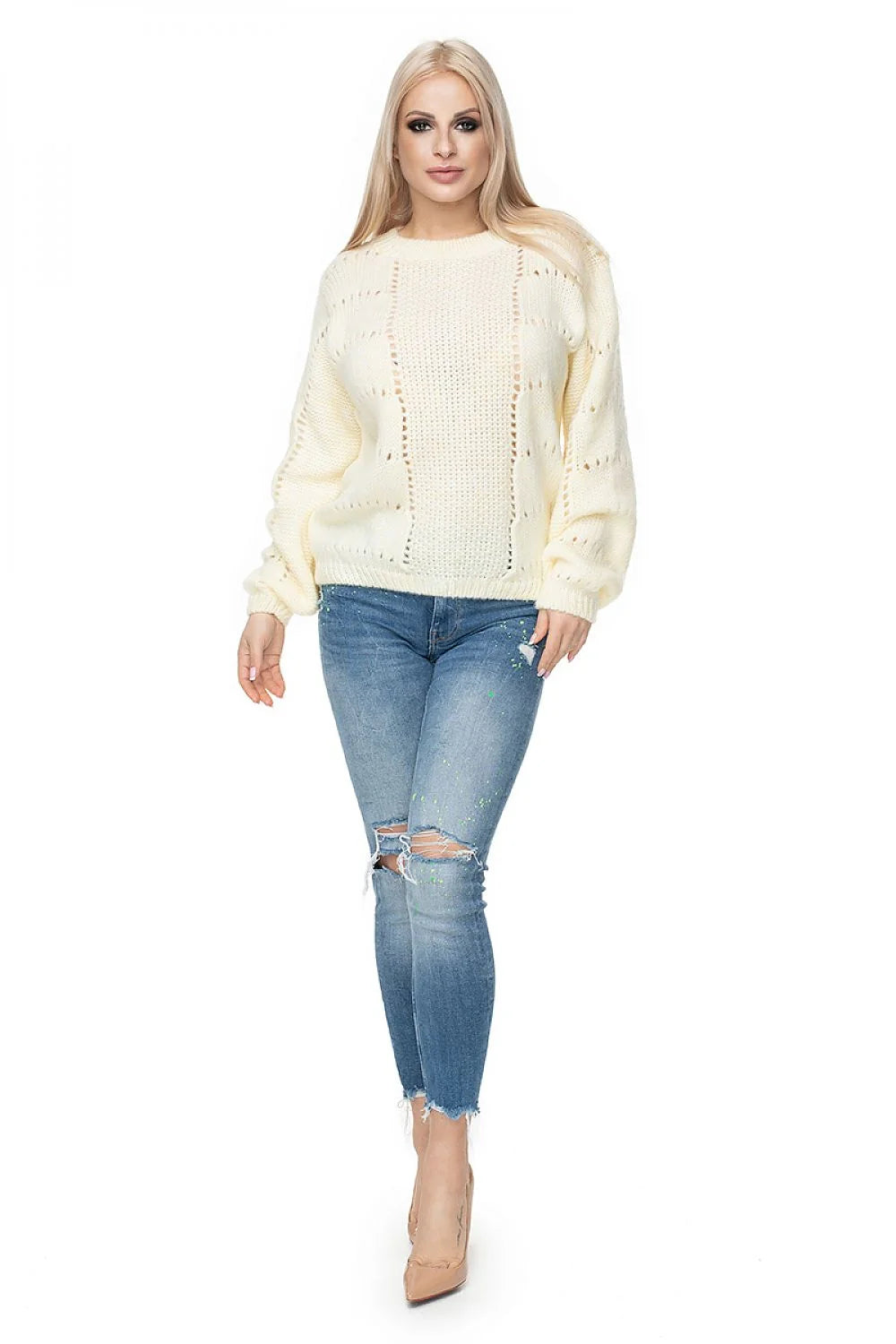 Pullover Femme Moderne Relaxé Manches Longues Vert Clair Fit Oversize Maille Épaisse Détails Ajourés Wool Blend Automne Hiver