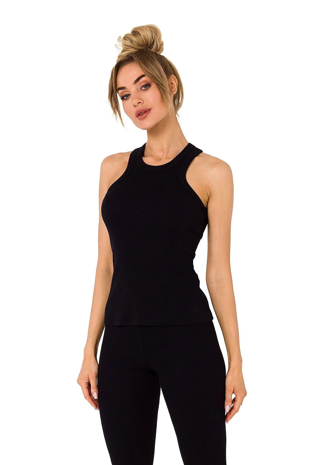 ensemble sportif femme maille côtelée vert émeraude ajusté débardeur col rond sans manches pantalon taille haute extensible respirant