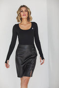 Jupe La Aurora fausse cuir écologique taille ajustable métallique boutons femmes élégante tenue soir jour