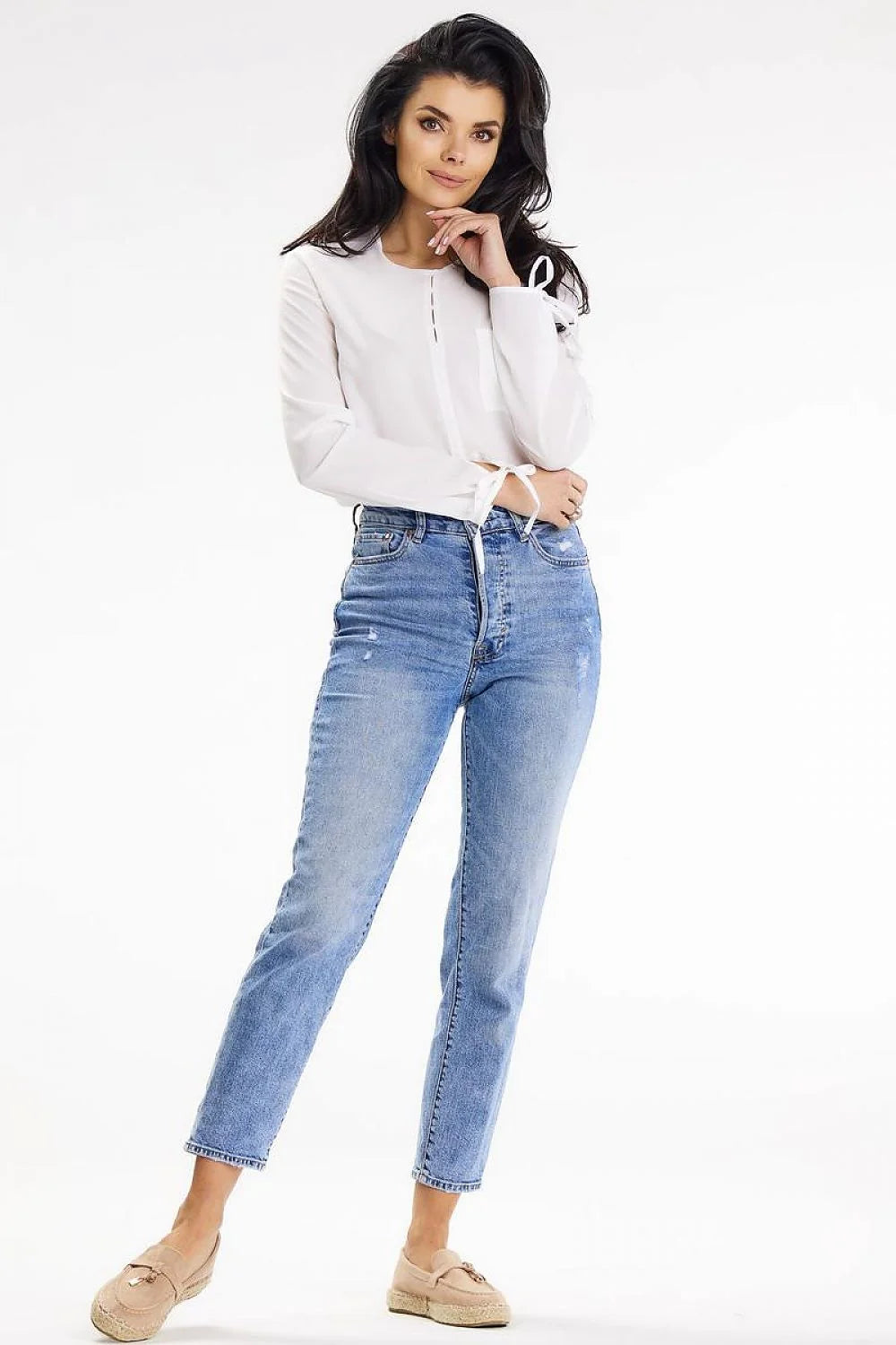 Chemisier Awama féminin à manches longues nouées en bas, fermeture dos, poche gauche, fentes décoratives encolure, tissu polyester elasthanne, taille ajustable, femmes