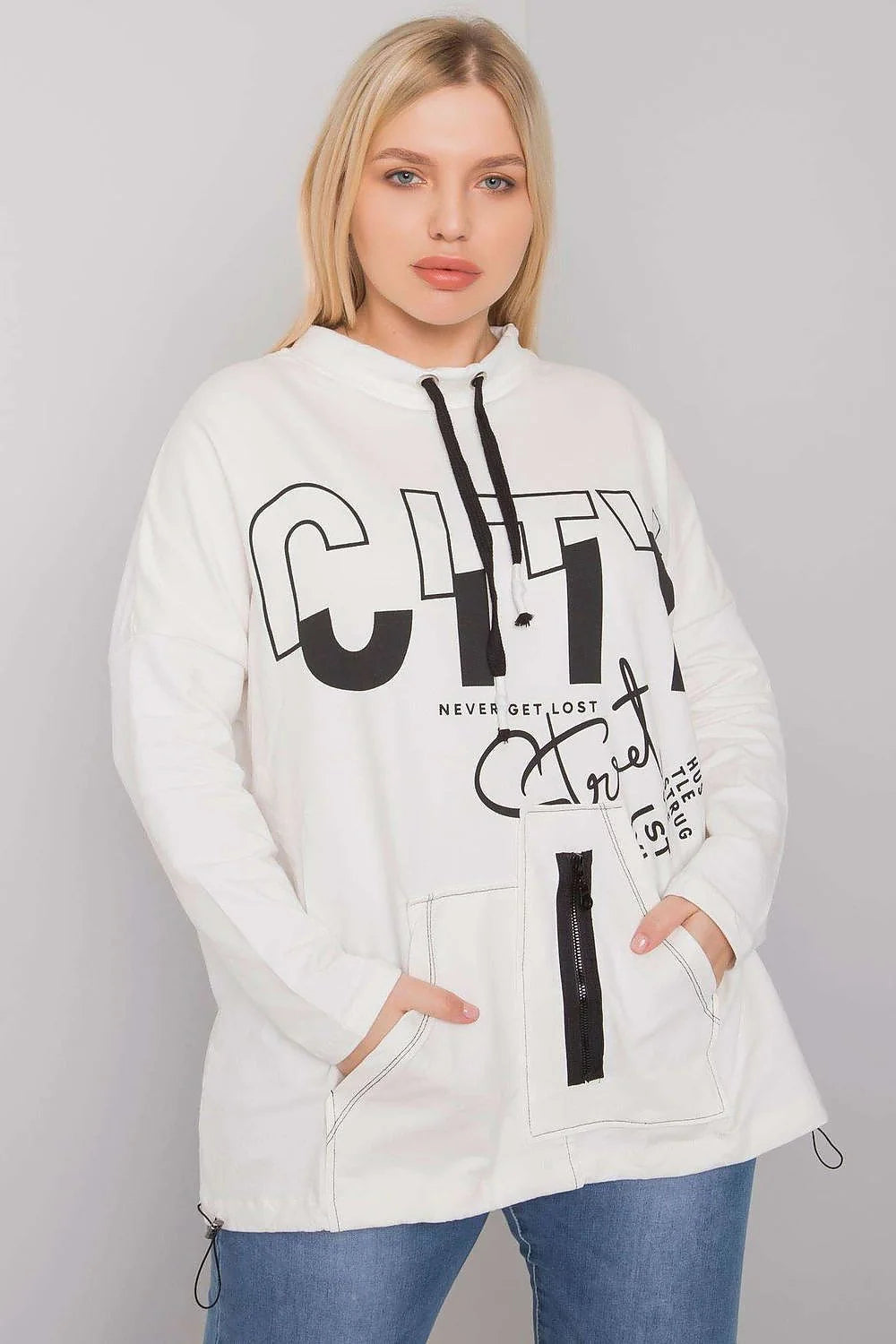 Sweat à capuche noir coton urbain moderne confortable ample avec impression CITY pour femmes tendance