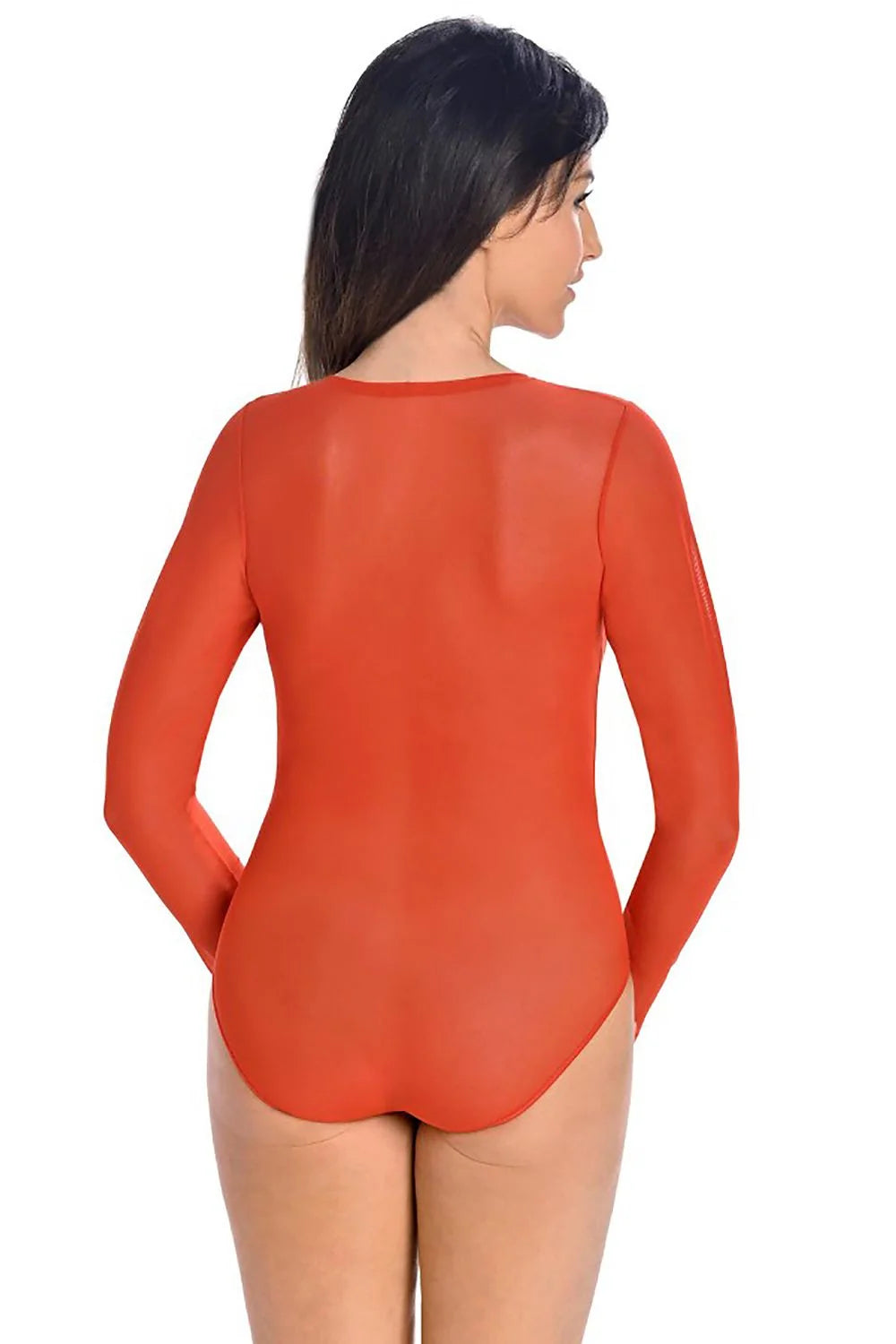body Teyli femme maille translucide rouge brique manches longues col rond coupe ajustée seconde peau bandes autoagrippantes réglables