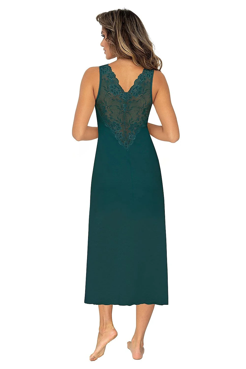 robe nuit élégante longue dentelle verte émeraude empire fluide V plongeant bretelles larges empiècement florale extensible léger féminin raffiné charme