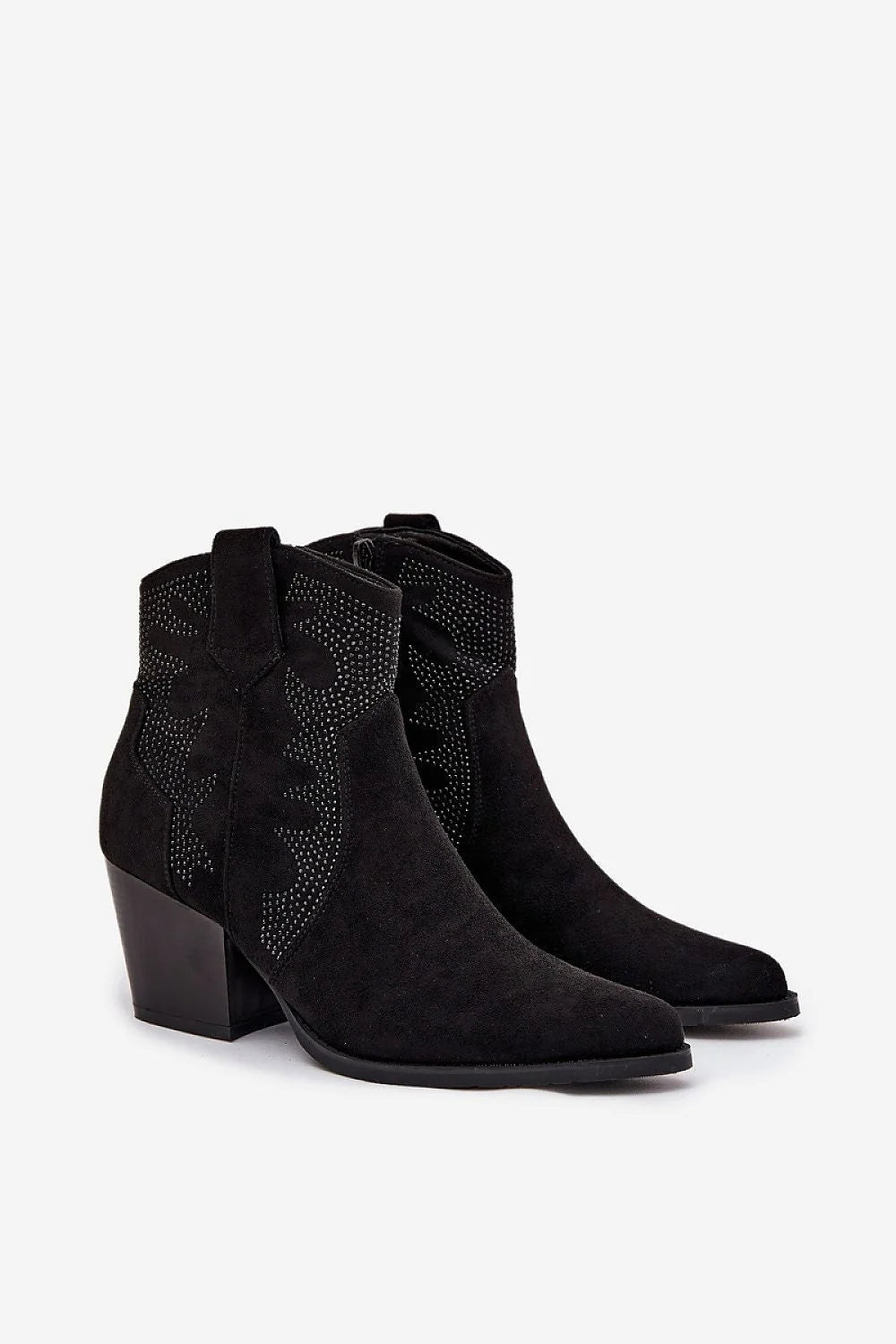 bottines femme suédine écologique noir western cowboy bout pointu talon bloc 7cm doublure pelucheuse fermeture éclair clous métalliques silhouette effilée