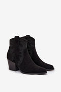 bottines femme suédine écologique noir western cowboy bout pointu talon bloc 7cm doublure pelucheuse fermeture éclair clous métalliques silhouette effilée